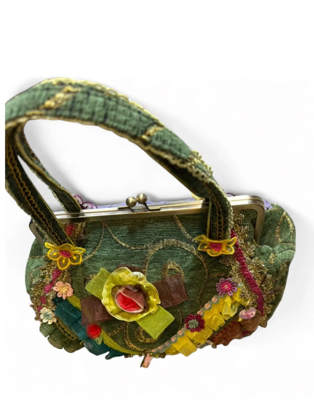 Vintage‎ Inspired Green Floral Tapestry Embellished Handbag